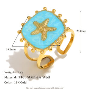 Beaded square oil drop starfish open ring-gold