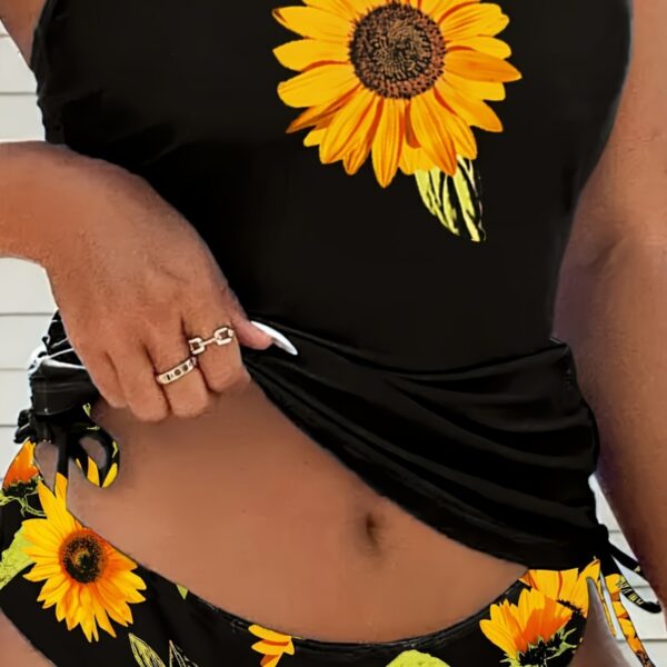 Wholesale 2025 Swimsuit New Hanging Neck Split Printed High Waist Drawstring Belly Covering Sunflower Slim Split Swimsuit