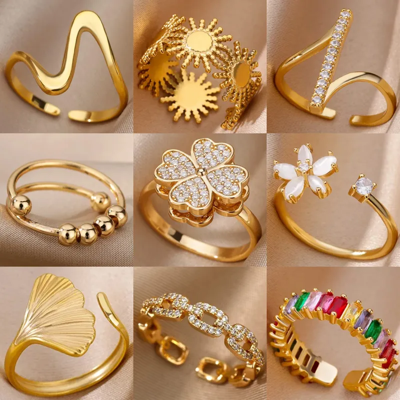 Wholesale Copper PVD Coated Zircon U Shape Heart Shape Flower Waterproof Non Tarnish Open Rings