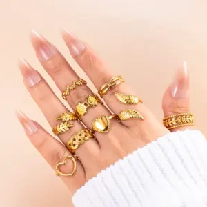 Wholesale PVD Coated Leaf Heart Shape Flower 304 Stainless Steel INS Style Streetwear Waterproof Non Tarnish Open Ring