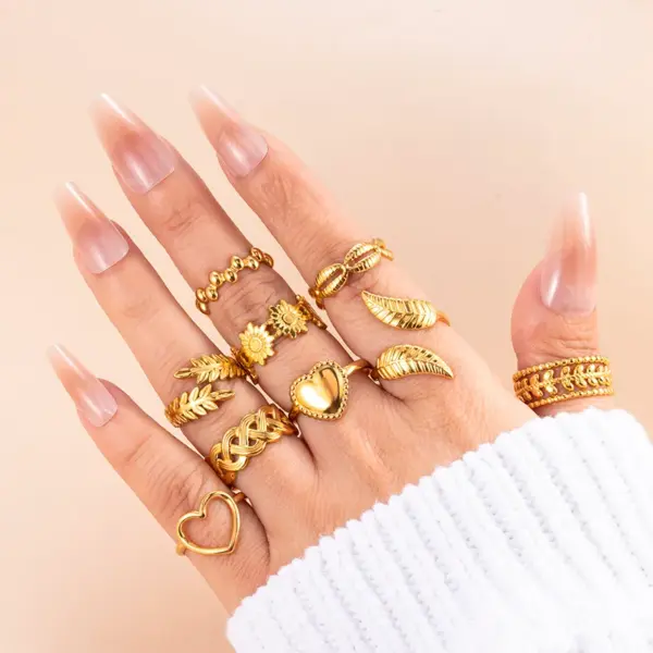 Wholesale PVD Coated Leaf Heart Shape Flower 304 Stainless Steel INS Style Streetwear Waterproof Non Tarnish Open Ring