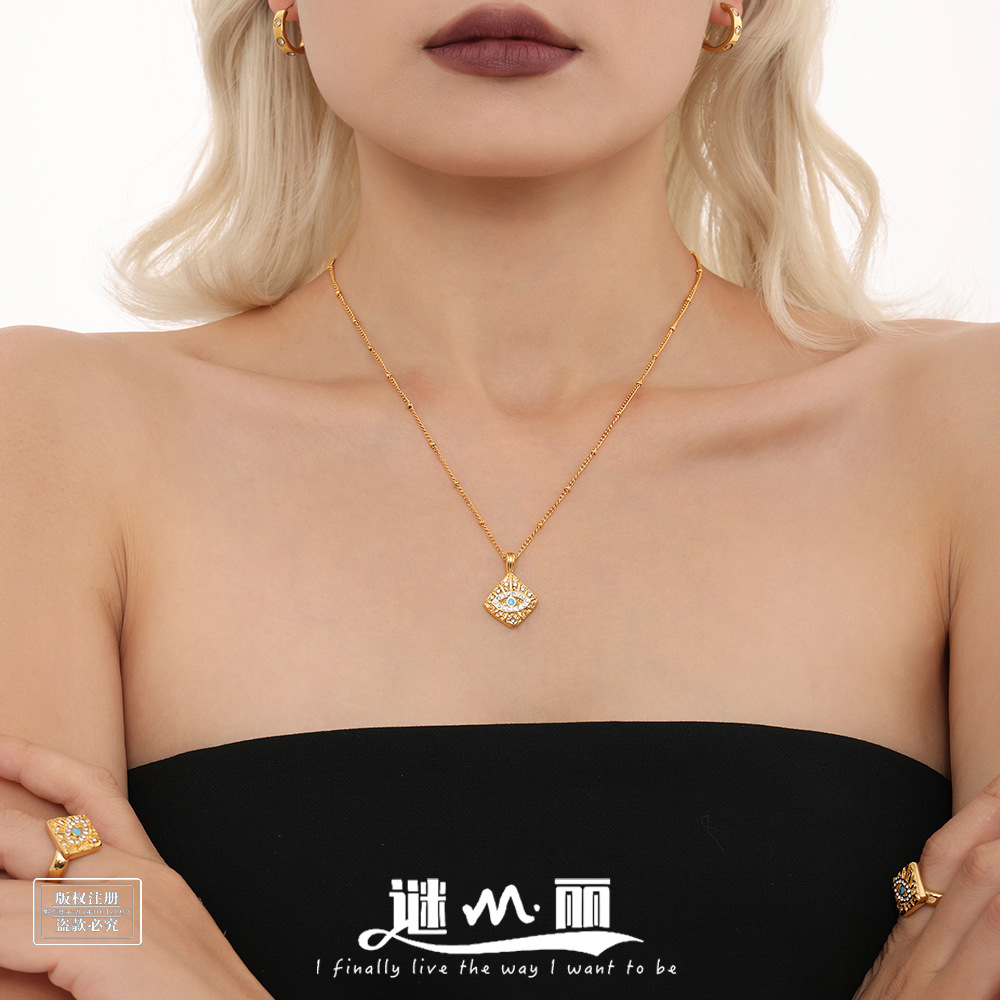 Wholesale INS Wind Magic Eye Diamond Block Pendant Collarbone Necklace Fashion Ring suit Titanium Steel PVD Plated 18K Gold