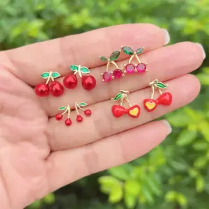 Wholesale 1 Pair Elegant Luxurious Cherry Inlay Copper Zircon 18K Gold Plated Ear Studs