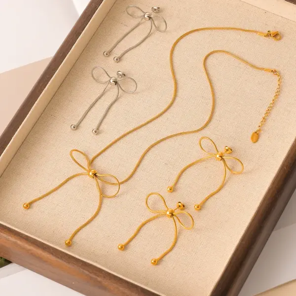 Wholesale 304 Stainless Steel Bow Knot PVD Coated Real Gold Plated IG Style Simple Style Waterproof Non Tarnish Gold Silver Earrings Necklace