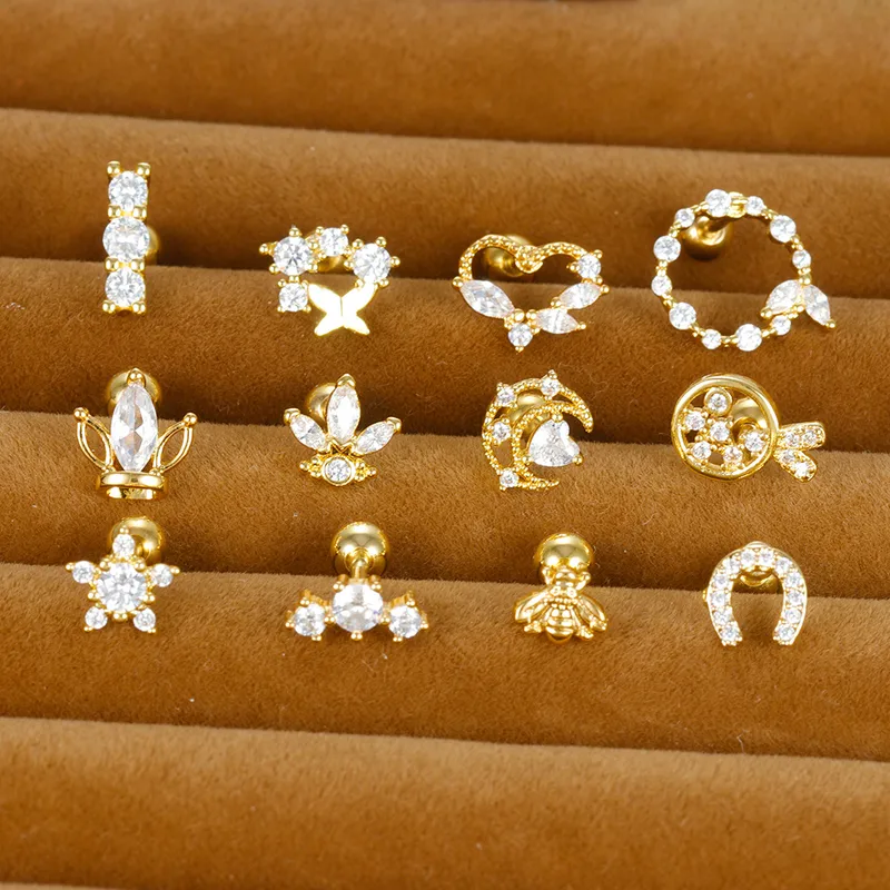 Wholesale 1 Piece Ig Style Heart Shape Crown Flower Plating Inlay Stainless Steel Zircon Ear Studs