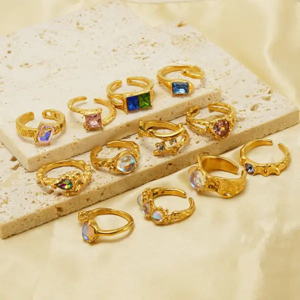 PVD Coated 18K Gold Plated Round Square Stainless Steel Elegant Retro Waterproof Non Tarnish Open Ring