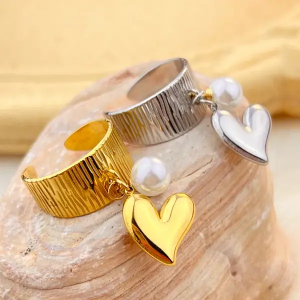 PVD Coated Real Gold Plated 18K Gold Heart Shape 304 Stainless Steel Casual Retro Marine Style Waterproof Non Tarnish Open Rings