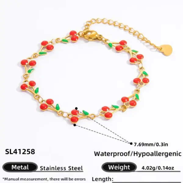 PVD Coated Real Gold Plated 18K Gold Cherry 304 Stainless Steel Sweet Waterproof Non Tarnish 304 Stainless Steel Lobster Trigger Clasp Closure Bracelets