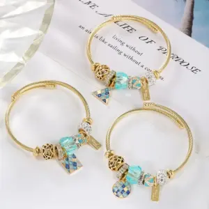 Wholesale Cartoon Style Geometric Stainless Steel Patchwork Artificial Gemstones Bangle 1 Piece