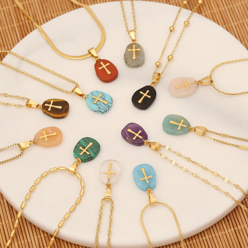 Wholesale Retro Cross Stainless Steel Natural Stone Turquoise Pendant Necklace
