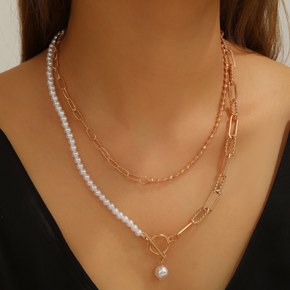 Wholesale European and American cross-border jewelry fashion long round bead chain stacked wearing necklace retro style personality pearl otbuckle nec