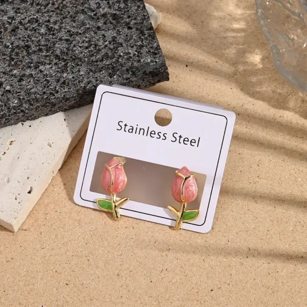 Rose Shaped Earrings Color Retention Electroplating Drip Oil Floral Stud Earrings For Women Casual Holiday Style All Seasons