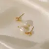 Wholesale Elegant Geometric Gold Plated Stainless Steel Pearl PVD Coated Drop Earrings