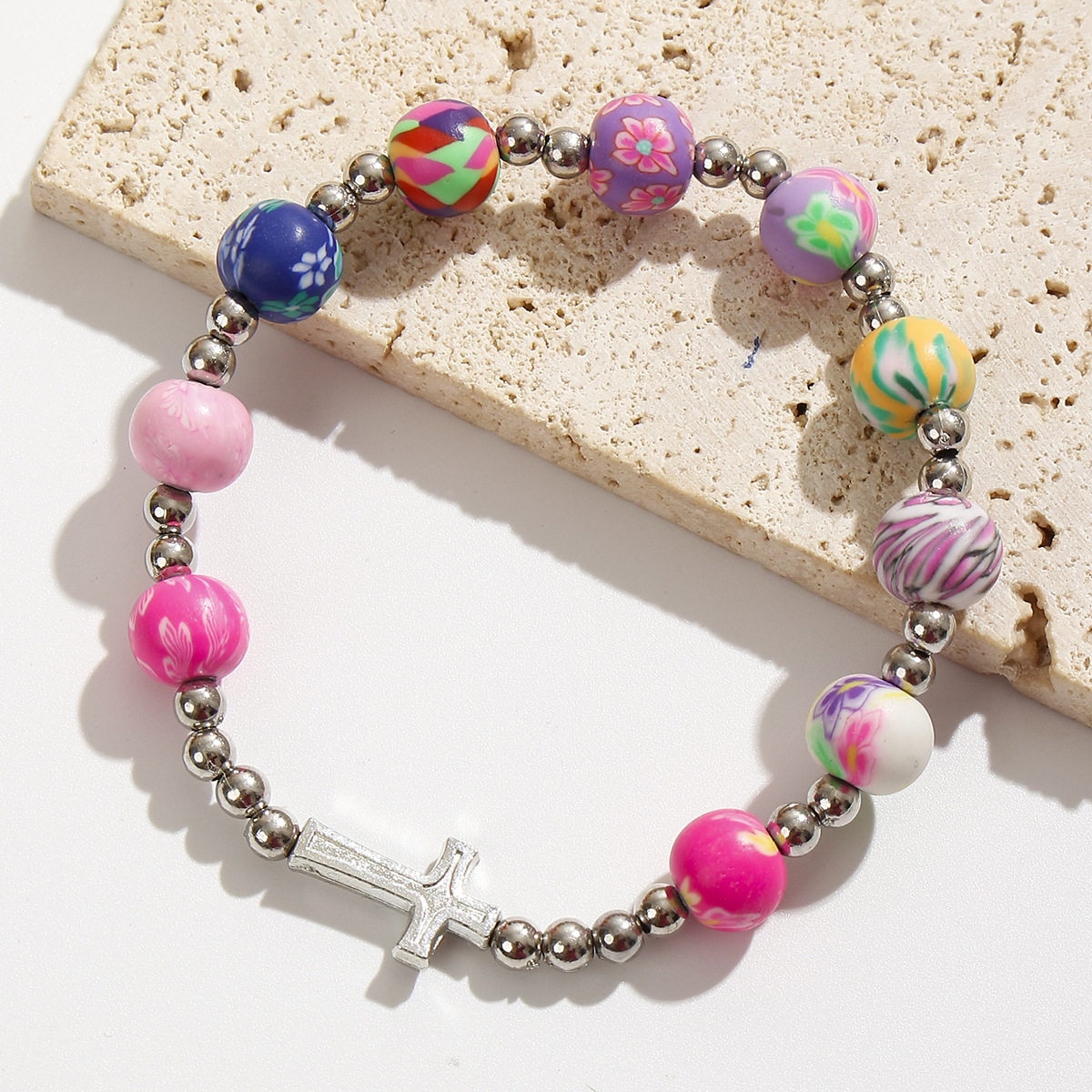 Wholesale lymer clay with alloy cross beaded bracelet