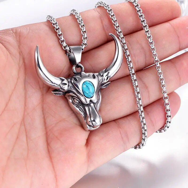 Wholesale Cao Shi retro cow's head necklace exaerated domineering personality trendy male pendant European and American fashion hip hop punk style nec