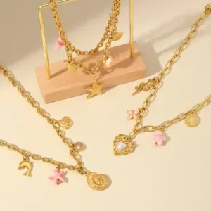 Ion Plating (IP) 18K Gold Plated Star Heart Shape Shell 304 Stainless Steel Sweet Pendant Necklace Multi Charms