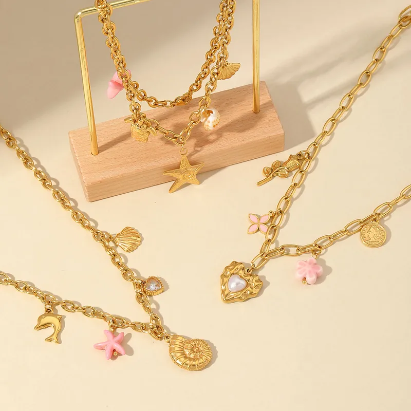 Wholesale Ion Plating (IP) 18K Gold Plated Star Heart Shape Shell 304 Stainless Steel Sweet Pendant Necklace Multi Charms