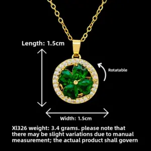 XL326 Round Green Four-Leaf Clover Necklace / Gold