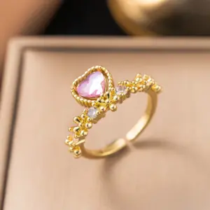F1143 Copper Material-Pink Diamond Heart Ring Gold