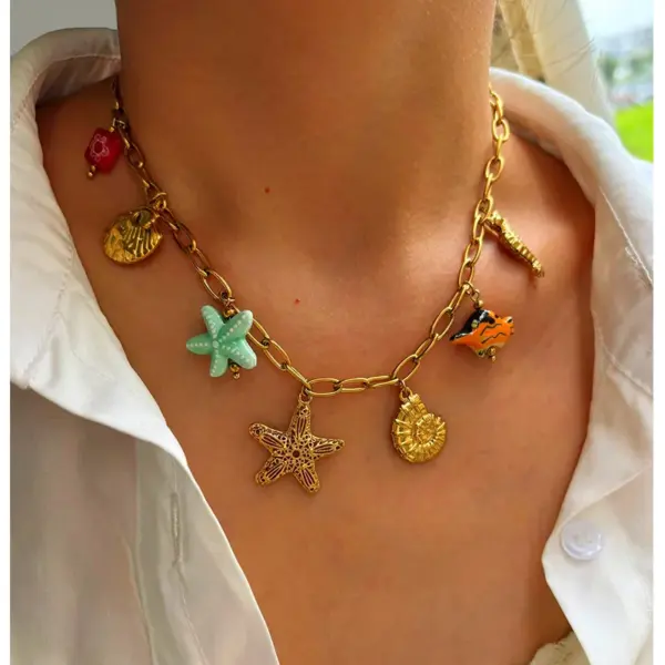 304 Stainless Steel Tortoise Starfish Shell PVD Coated Shell Real Gold Plated Nordic Style Marine Style Beach Waterproof Non Tarnish Surgical Steel Cuban Link Chain Curb Chain Lobster Trigger Clasp Closure Gold Pendant Necklace