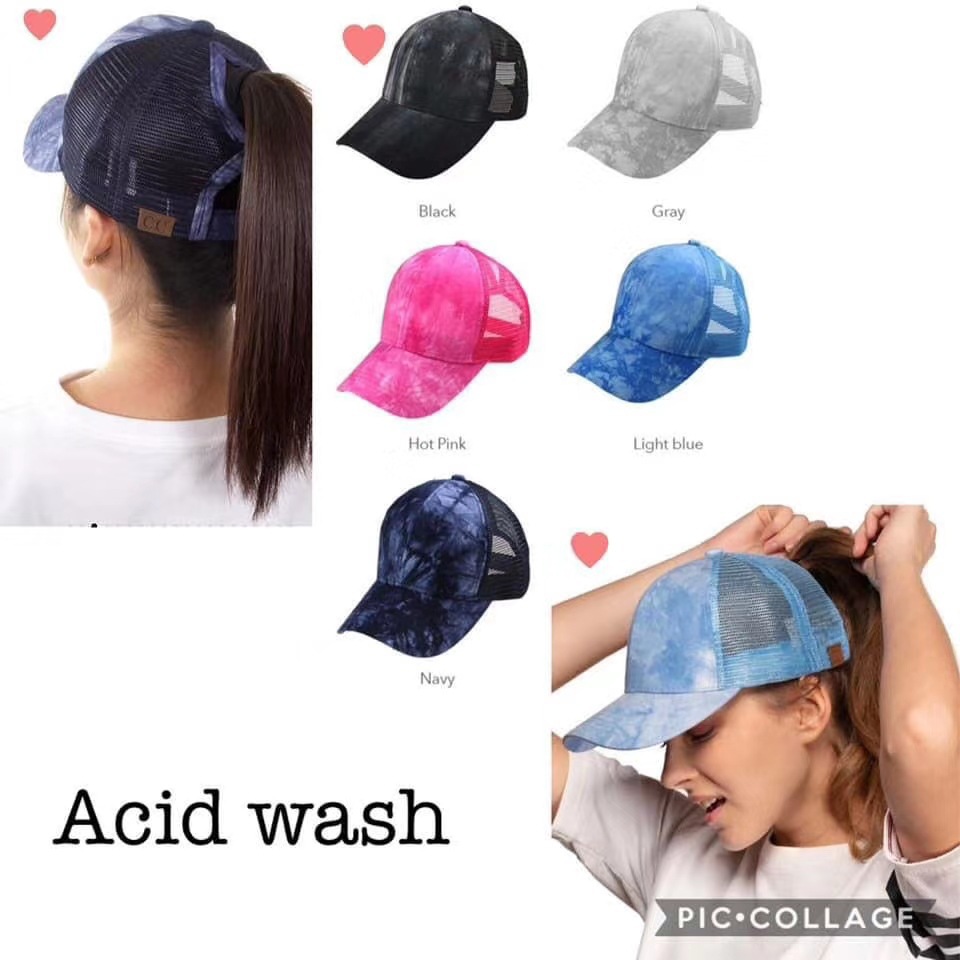 Wholesale 2021 Acid Wash nytail Baseball Cap for Women, Summer, Spring, Autumn Outdoor Sun Protection Cap, Solid Color Duckbill Cap, Customizable