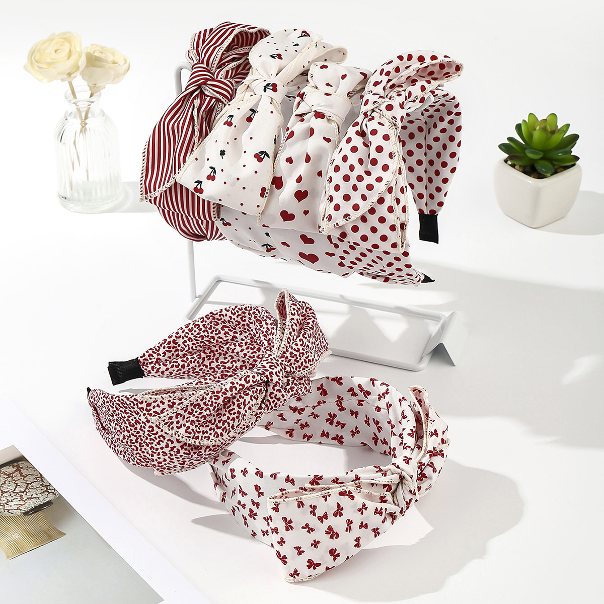 Wholesale Fabric red striped plaid solid color cherry heart wide bow headband