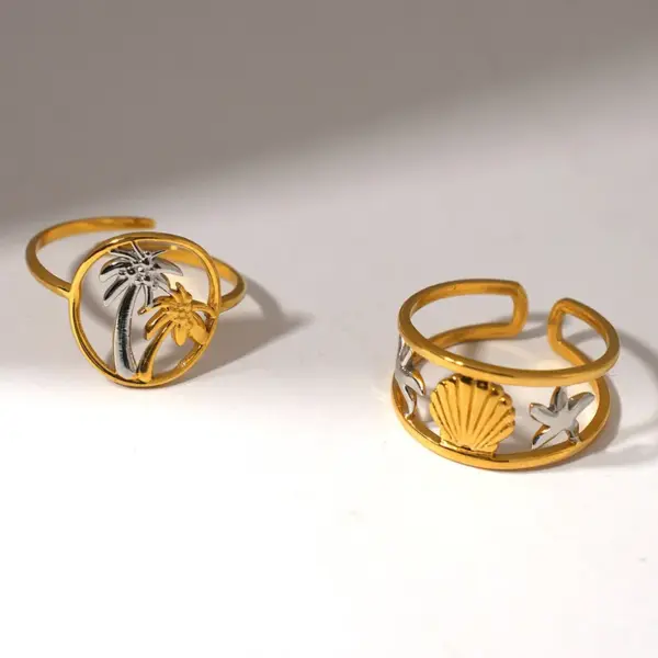 Wholesale PVD Coated Real Gold Plated 18K Gold Coconut Tree Starfish Ocean 304 Stainless Steel Retro Vacation Waterproof Non Tarnish Open Rings