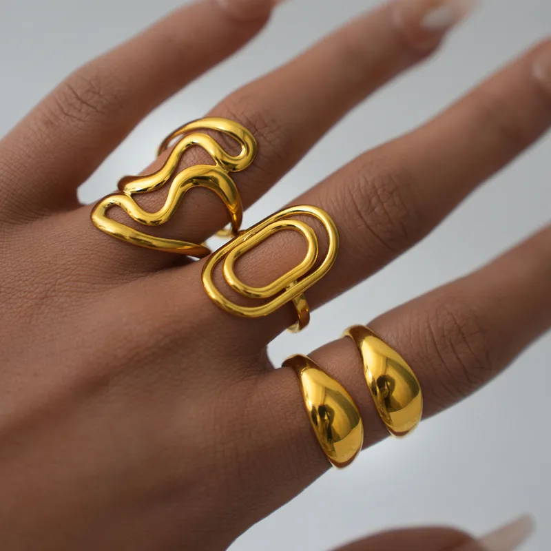 Wholesale Ion Plating (IP) Real Gold Plated 18K Gold Geometric 304 Stainless Steel Casual Waterproof Non Tarnish Open Rings