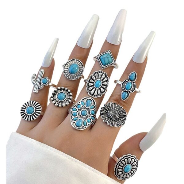 oly-f0b5194cb7f091c2f1b4ea94227201a1 Wholesale Vintage Antique Turquoise Inlaid Exaggerated Ring suit Flower Crown Leaves Eagle Joint Ring Eight-piece Set
