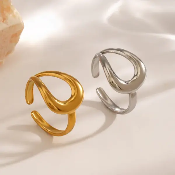 Wholesale Ion Plating (IP) 18K Gold Plated Water Droplets Lines 304 Stainless Steel Simple Style Waterproof Non Tarnish Open Rings