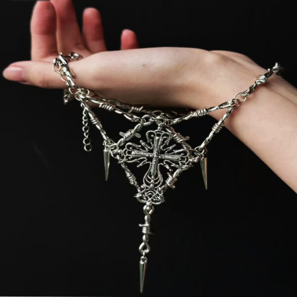 oly-f0ba281d79d6e1497e116aeacefc4749 Wholesale Bohemian style zinc alloy cross pendant necklace, gothic bramble metal with barbed wire chain necklace