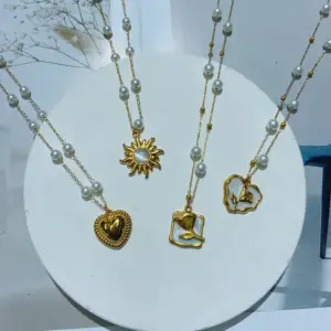 Wholesale Jewelry Cute Basic Sweet Red Heart Rose 304 Stainless Steel Imitation Pearl 18K Gold Plated Enamel Casting Pendant Necklace Cable Chain