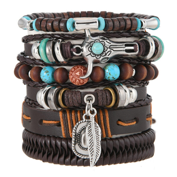 Wholesale Cross-border New Products European and American Retro Style Cowboy Hat Feather Niutou Multi-layer Stretch Rope Handmade Men's Leather Bracelet