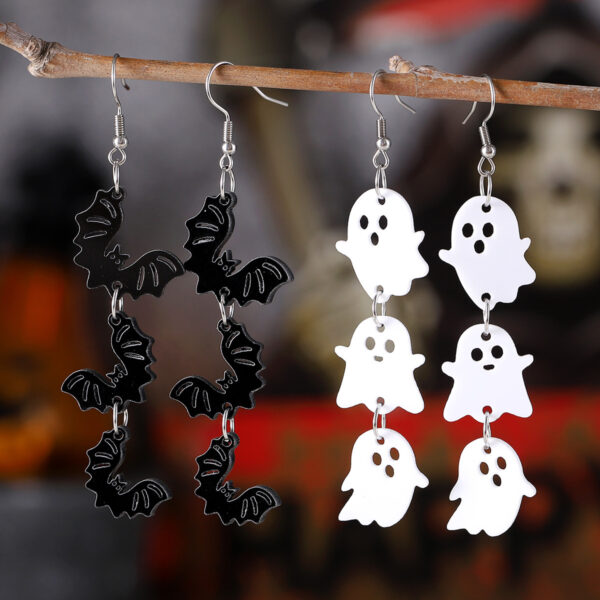 oly-f0d5e367604b5cbae89c09c76e20045c Wholesale Cross Border Halloween White Ghost Black Bat Triple Stitching Pendant Earrings Acrylic Gothic Wind Earrings