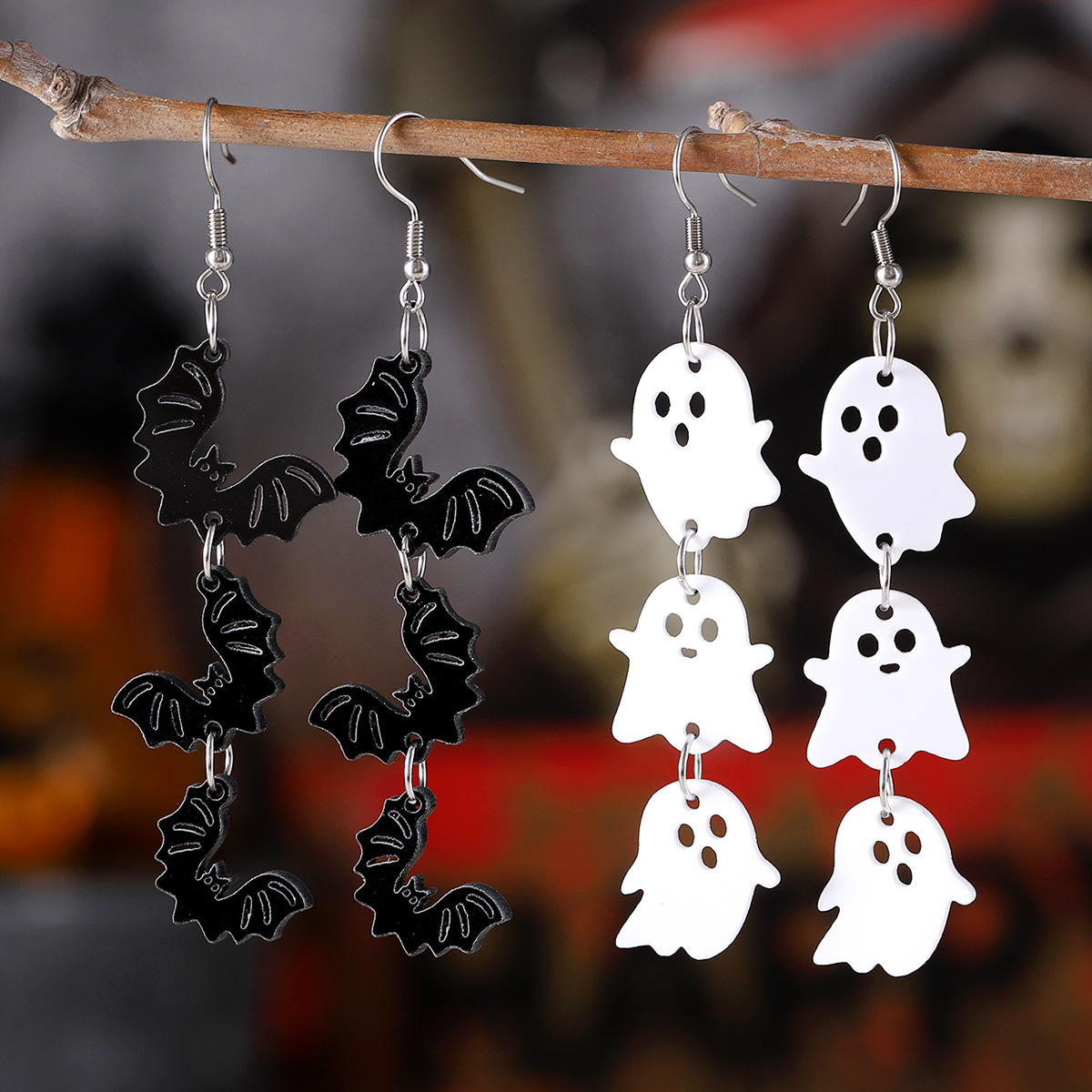 Wholesale Cross Border White Ghost Black Bat Triple ing Pendant Earrings Acrylic Gothic Wind Earrings