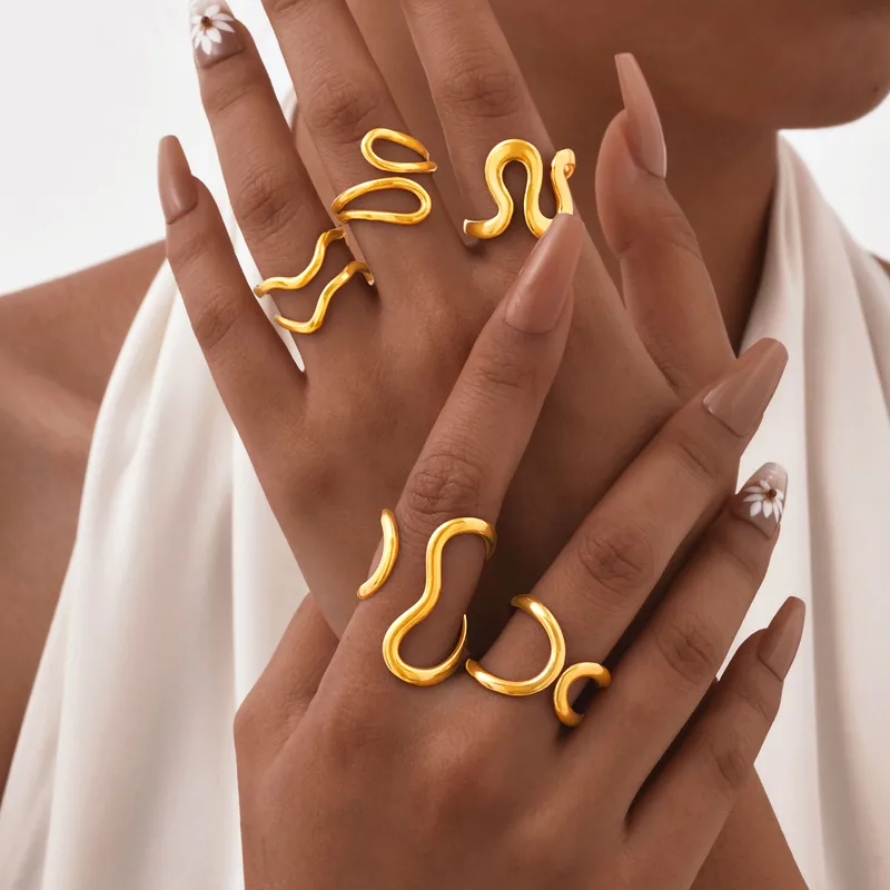 Wholesale PVD Coated Real Gold Plated 18K Gold Irregular 201 Stainless Steel IG Style Basic Waterproof Non Tarnish Rings