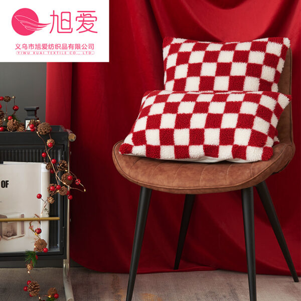 Wholesale Christmas red, black, and white checkerboard faux lambskin pillowcase