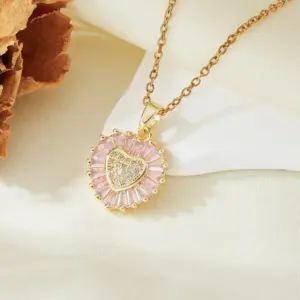 Gold Pink Square Diamond Heart Necklace T021