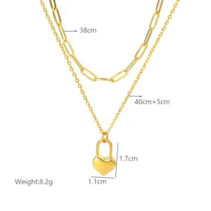 PVD Coated Real Gold Plated 18K Gold Heart Shape 304 Stainless Steel Simple Style Waterproof Non Tarnish 304 Stainless Steel Double Layer Necklaces