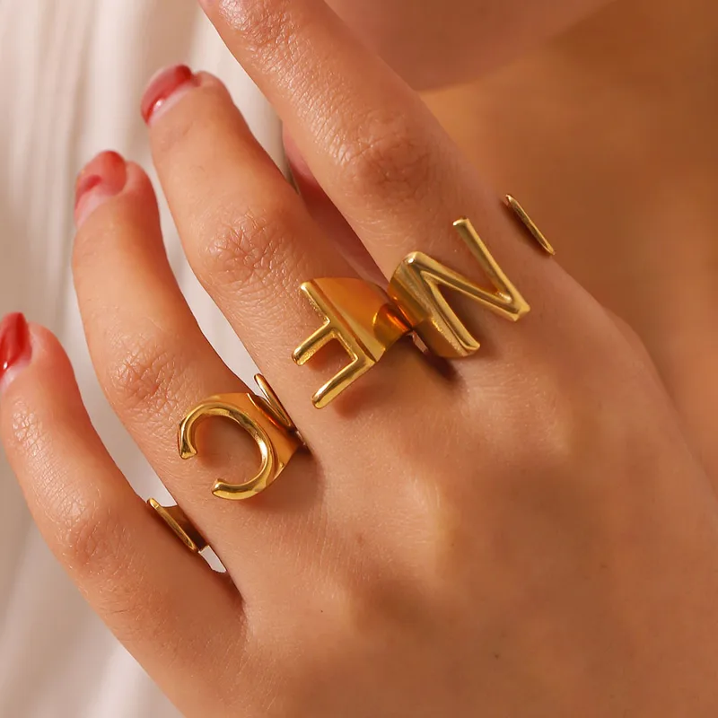 Wholesale PVD Coated 18K Gold Real Gold Plated Letter 304 Stainless Steel Modern Style Simple Style Waterproof Non Tarnish Open Rings