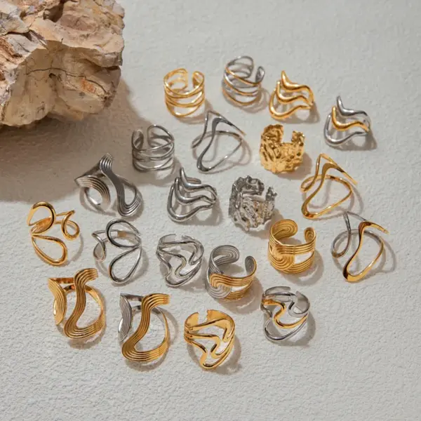 PVD Coated Real Gold Plated Geometric 304 Stainless Steel IG Style Elegant Retro Waterproof Non Tarnish Open Rings