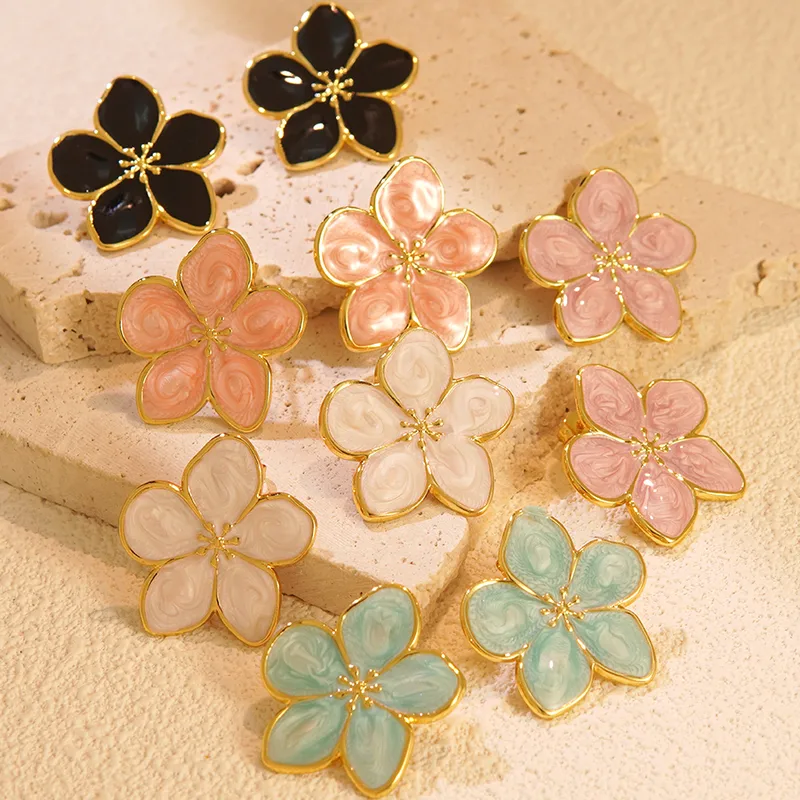 Wholesale 304 Stainless Steel Plastic Flower Plated Stone-Free Imitation Gold Elegant Cute Sweet Enamel Gold Ear Studs
