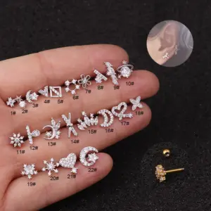 316L Stainless Steel Copper Zircon Ear Cartilage Rings & Studs Geometric Waterproof Non Tarnish Surgical Steel Women'S