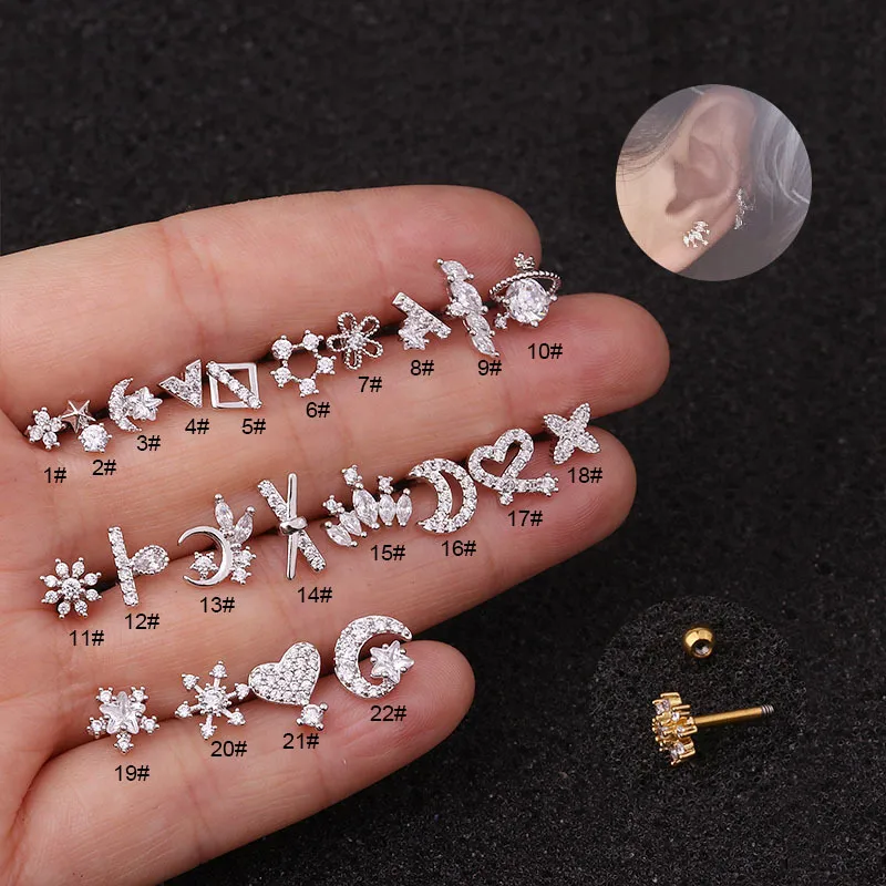 Wholesale 316L Stainless Steel Copper Zircon Ear Cartilage Rings & Studs Geometric Waterproof Non Tarnish Surgical Steel Women'S
