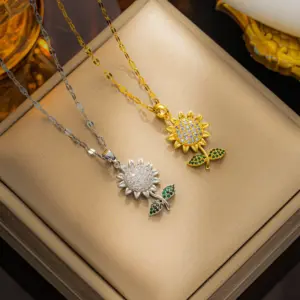 PVD Coated Real Gold Plated Sunflower Stainless Steel Vintage Style Waterproof Non Tarnish Pendant Necklace