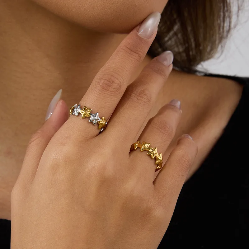 Wholesale 304 Stainless Steel Pentagram PVD Coated Real Gold Plated Casual Simple Style Commute Waterproof Non Tarnish Open Rings Rings