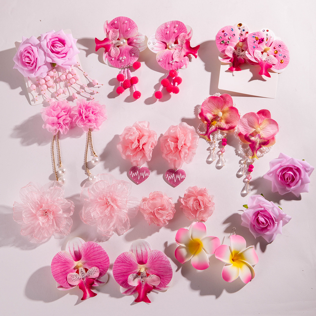 Wholesale European and American Cross-Border Fashion Fresh Fabric Flower Tassel Beaded Elegant and Sweet Valentine's Day Gift Earrings for Women