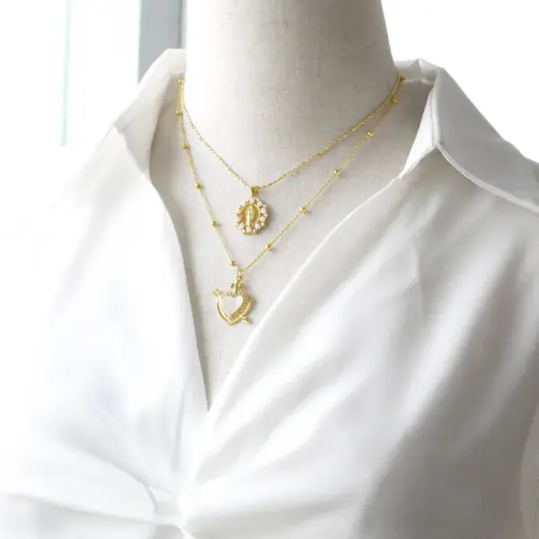 Wholesale 201 Stainless Steel Copper Bamboo Necklace 18K Gold Plated Plating Inlay Portrait Virgin Mary Heart Shape Zircon Pendant Necklace