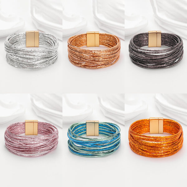Wholesale Bohemian minimalist style imitation gold thread multi-layer PU leather women's bracelet with magnetic clasp.