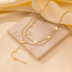 H1079【Double Layers Loving Heart Tassel Necklace Gold】